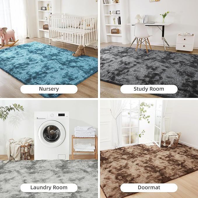 Litanika 8x10 Shag Area Rug for Living Room Bedroom, Tie-Dyed Blue High Pile Soft Plush Shaggy Furry Bedside Playroom Dorm Carpet, Non-Slip, Non-Shedding Modern Indoor Floor Rug