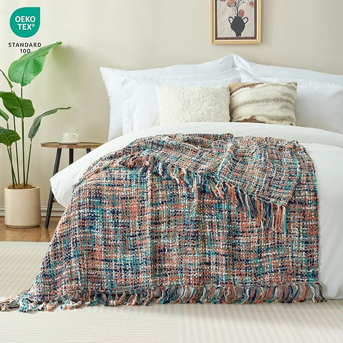 Multi-Color Pink Cable Woven Throw Blanket for Couch,60"X80" Boho Style Textured Blankets for Home Decor,Super Soft Warm Cozy Chunky Blanket with Decorative Tassels for Bed and Sofa