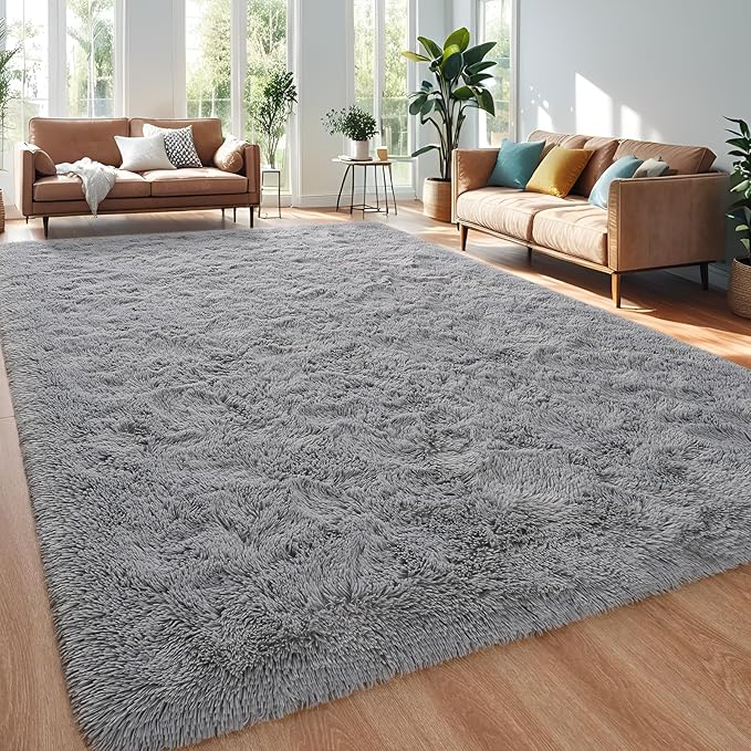 Grey Area Rug 8x10 Large Rugs for Living Room Bedroom, Fluffy Soft Rug Modern Carpets for Kids Room, Non-Skid Rectangular Indoor Rug for Girls Boys Playroom Nursery Room Home Decor