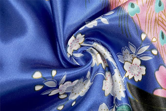 Valennia Women Long Silky Bathrobe Satin Kimono Robe Floral Printed Dressing Gown Sleepwear