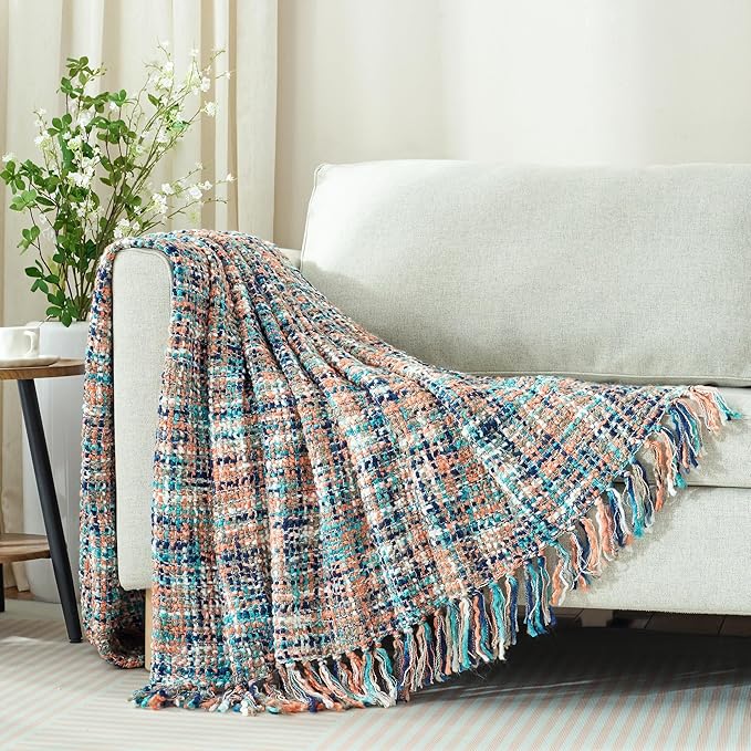 Multi-Color Pink Cable Woven Throw Blanket for Couch,50"X60" Boho Style Textured Blankets for Home Decor,Super Soft Warm Cozy Chunky Blanket with Decorative Tassels for Bed and Sofa