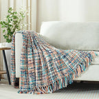 Multi-Color Pink Cable Woven Throw Blanket for Couch,60"X80" Boho Style Textured Blankets for Home Decor,Super Soft Warm Cozy Chunky Blanket with Decorative Tassels for Bed and Sofa