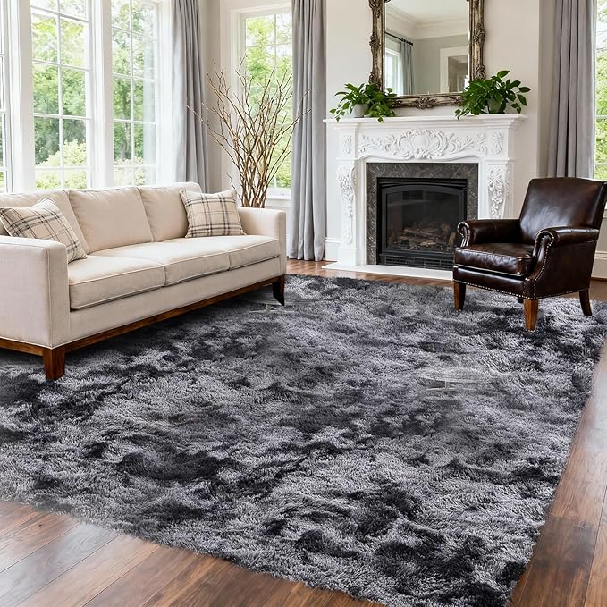 Large Shag Area Rugs 5x7 Feet, Tie-Dyed Plush Fuzzy Rug for Living Room, Ultra Soft Fluffy Furry Rugs for Bedroom, Indoor Big Carpet Nursery Rugs for Kids Room Home Decor, Black Grey
