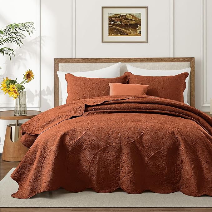 IR Imperial Rooms 8 Pack Quilt King Size Bedding (106" x 96") - Bulk Wholesale for Hotels, Guest Bedroom & Airbnbs - Lightweight Microfiber Reversible Floral Embossed Quilts Bedspreads (Rust)