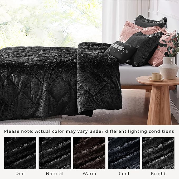 Intelligent Design King Comforter Set, Velvet Comforter Set , Luxury Diamond Quilting Comforter Set, Fluffy Comforter Bed Set with Decorative Pillowand 2 Shams, 4 Piece Black, King/ Cal King