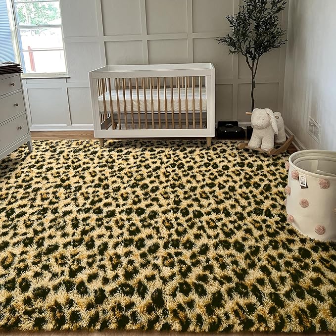 HOMORE Leopard Fluffy Rugs 6x9, Leopard Print Rug for Living Room Bedroom,Soft Cheetah Print Rug for Kids Children Room, Faux Animal Printed Carpet for Western Decor,Black and Khaki