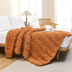 WESHIONGOO Chunky Knit Blanket Throw 40"×60" Knitted Throw Blankets for Couch Bed Fluffy Soft Blanket with Jumbo Chenille Yarn Thick 100% Handmade (Burnt Orange, Medium Size Throw)