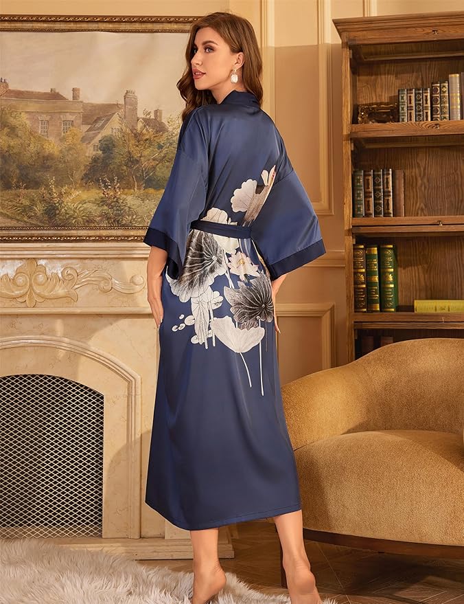 Kihnop Women's Floral Long Kimono Robe Long Satin Robe Long Silk Robe Ladies Kimonos Silky Bathrobe Cover Up, One Size
