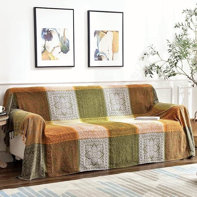 Boho Sofa Cover, Bohemian Throw Blanket Tassels Hippie Decor Covers Couch Chair loveseat Furniture Bed， Bohemian Tribal Fringe slipcover