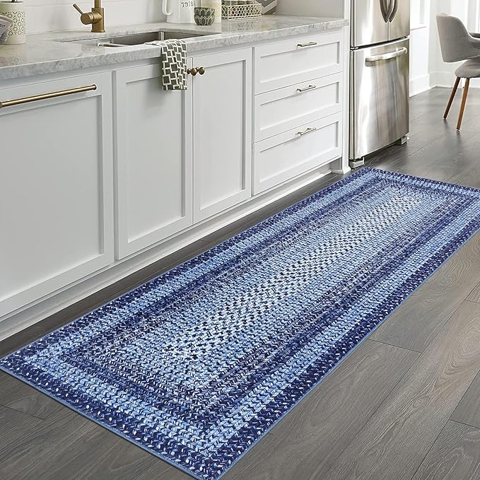 RUGSREAL 2x6 Runner Rug Braided Print Hallway Runner Rug Boho Rug Machine Washable Throw Floor Cover Non Slip Moroccan Carpet for Kitchen Farmhouse Rustic Runner for Living Room Bedroom, Navy
