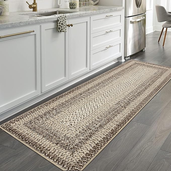 RUGSREAL Runner Rug for Hallway Kitchen Runner Rug 2x10, Machine Washable Long Runner Throw Carpet with Rubber Backing, Stain Resistant Braided Printed Entryway Carpet for Bedroom Living Room, Camel