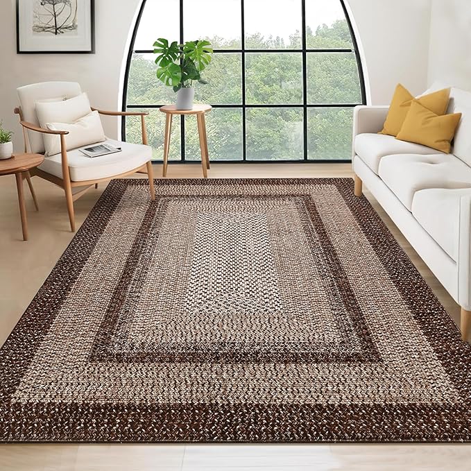 RUGSREAL Boho Rug 4x6 for Bedroom Machine Washable Rug Braided Print Floor Cover Indoor Non Slip Throw Carpet Farmhouse Rustic Accent Rug Moroccan Carpet for Living Room Home Decor, Brown