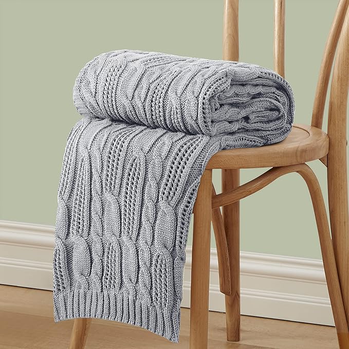 Aormenzy Cable Knit Throw Blankets 50 x 60 Inches, Soft Cozy and Lightweight Knitted Blanket, Machine Washable Acrylic Blanket, Decorative Throw Blanket for Couch Sofa Bed, Silver Grey
