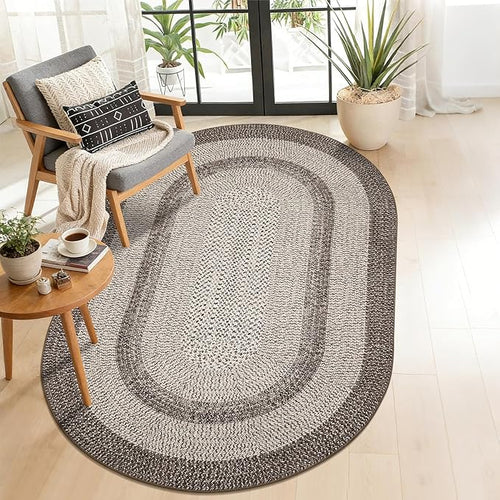 5x8 Oval Living Room Area Rug Washable Modern Border Bedroom Bedside Area Rugs Non Slip Low Pile Dining Room Oval Throw Carpet Contemporary Rugs for Living Room Kitchen Nursery, Mocha