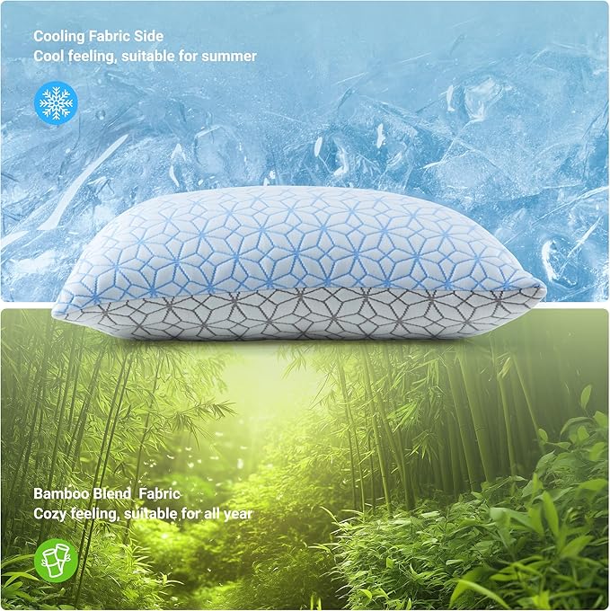 puredown® Pillows Queen Size Set of 2, Cooling Pillow Queen Size 2 Pack, Adjustable Shredded Memory Foam Pillows for Side Back Stomach Hot Sleepers, Ice Blue