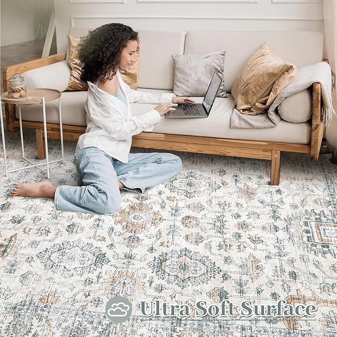 XLUEZ Area Rug 6x9 Living Room Rug, Machine Washable Vintage Distressed Boho Area Rug Non-Slip Soft Low Pile Large Indoor Rugs for Bedroom Kitchen Dining Room Office(Brown Green,6'x9')