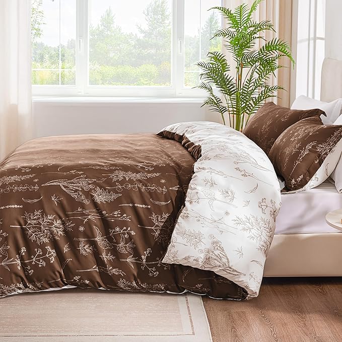 Love's cabin Chocolate Twin Comforter Set - Twin XL Size Comforter Set Dorm Bedding, 2 Pieces Cute Floral Bedding, Reversible Flowers Comforter, 1 Comforter & 1 Pillow Sham