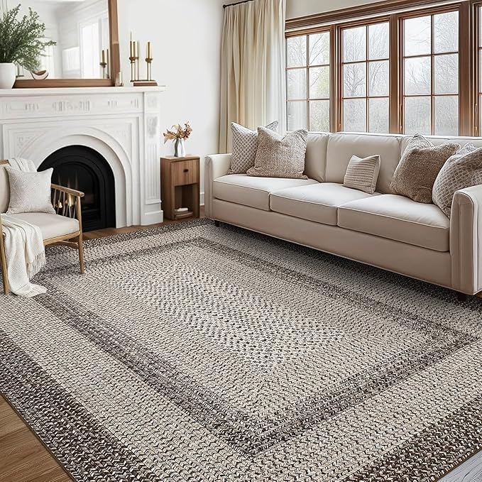 RUGSREAL 10x13 Large Living Room Rug Braided Print Boho Accent Throw Carpet Farmhouse Rustic Rug with Rubber Backing Geometric Bordered Area Rug Bohemian Carpet for Bedroom Home Decor Office, Mocha