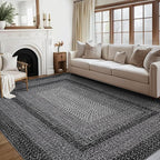 Large Bedroom Rug 6x9 Machine Washable Rug Braided Print Boho Throw Floor Cover Farmhouse Rustic Dining Room Carpet Geometric Bordered Braided Carpet for Living Room Home Office, Black