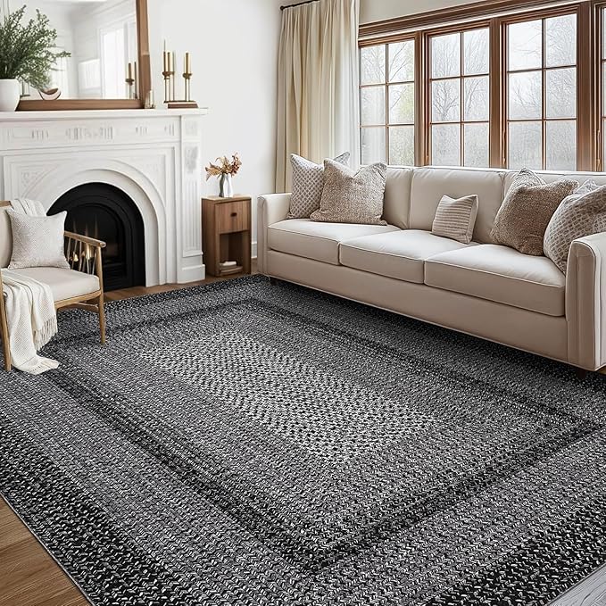 Large Bedroom Rug 6x9 Machine Washable Rug Braided Print Boho Throw Floor Cover Farmhouse Rustic Dining Room Carpet Geometric Bordered Braided Carpet for Living Room Home Office, Black