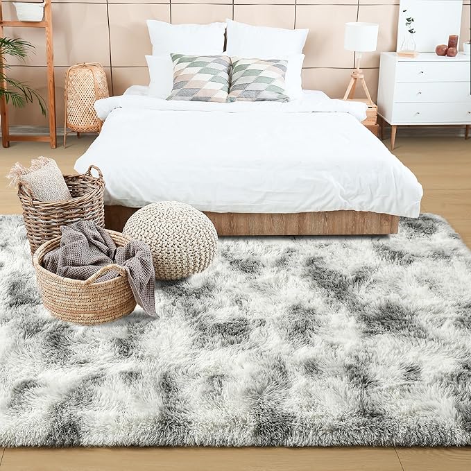 Noahas Fluffy 4x6 Area Rugs for Bedroom Living Room,Tie-Dyed Grey and White Thick Shag Throw Floor Carpet,Soft Shaggy Bedside Non-Slip Plush Dorm Nursery Kids Rug