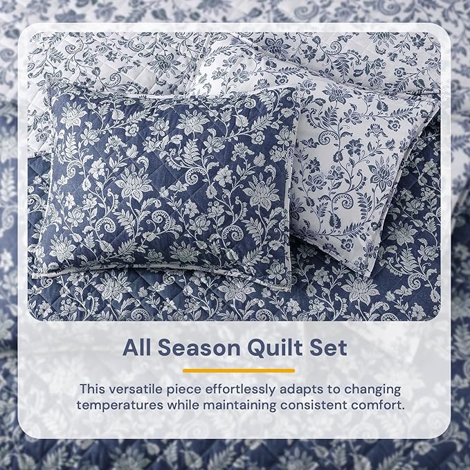 BLOOMHAVEN Quilt Set King Size, Oxford Blue Floral Quilt Sets, Reversible Bedspread Lightweight and Breathable for All Seasons, Soft Quilted Bedspread with 2 Pillow Shams