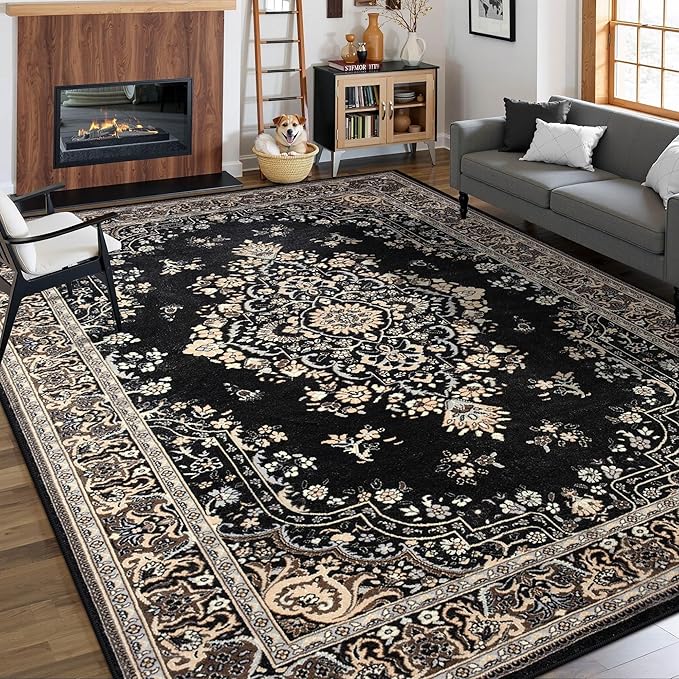 CRYPTOLITE 9x11 Area Rug for Living Room, Modern Washable Rug Non Slip Low Pile Large Area Rugs for Living Room, Bedroom, Farmhouse, Dining Room,Black