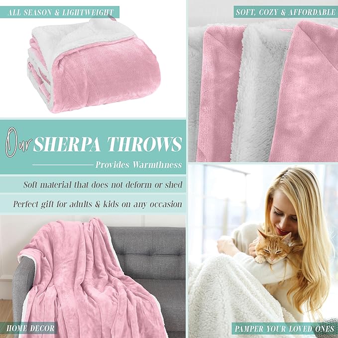 Elegant Comfort Throw Blanket, Reversible Sherpa Flannel, Ultra-Soft, Fuzzy, Cozy and Plush- All Season Lightweight Decorative Throw, 50 x 60 inches, Solid Sherpa Throw, Light Pink