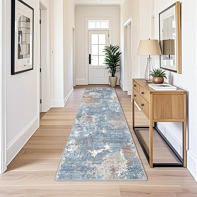 3x10ft Washable Hallway Runner Rug - Non Slip Modern Wide Carpet for Kitchen Entryway Bathroom with Rubber Backing,Low Pile Thin Long Floor Runner Indoor（Blue Rust,3x10）