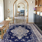 CRYPTOLITE Living Room Rug 7x10, Machine Washable Area Rug Non Slip Low Pile Rug for Living Room, Bedroom, Farmhouse, Dining Room, Navy Blue