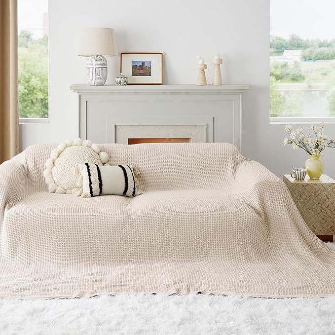 Bedsure Gentlesoft 100% Cotton Big Blanket Oversized King for Bed - Large Breathable Thick Waffle Weave Blanket for Summer, Couch Cover, Light Beige, 120x94 inches