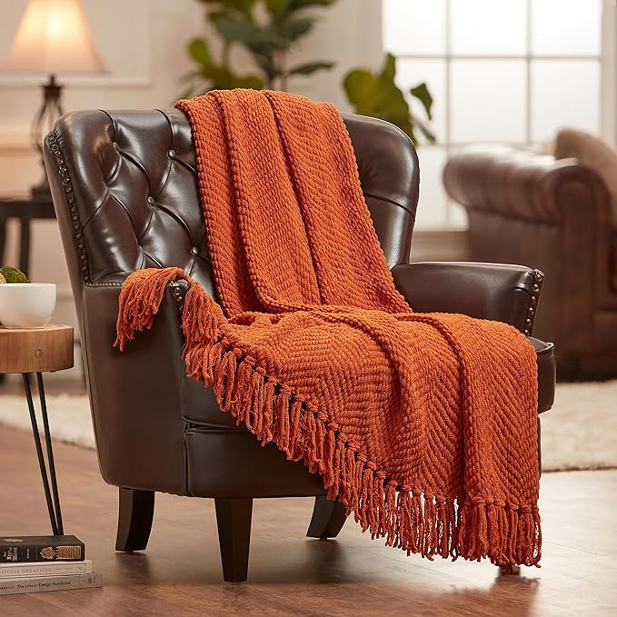 Chanasya Premium Textured Knit Throw Blanket with Tassels - Soft, Cozy Blanket for Couch, Bed, Living Room - 50" x 65” - Orange