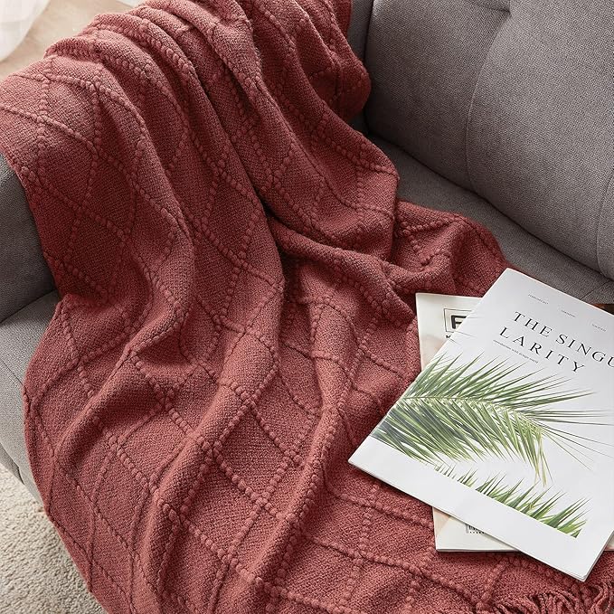 BOURINA Burgundy Throw Blanket 60x80 Inches Throw Textured Solid Soft Sofa Throw Couch Knitted Decorative Blanket