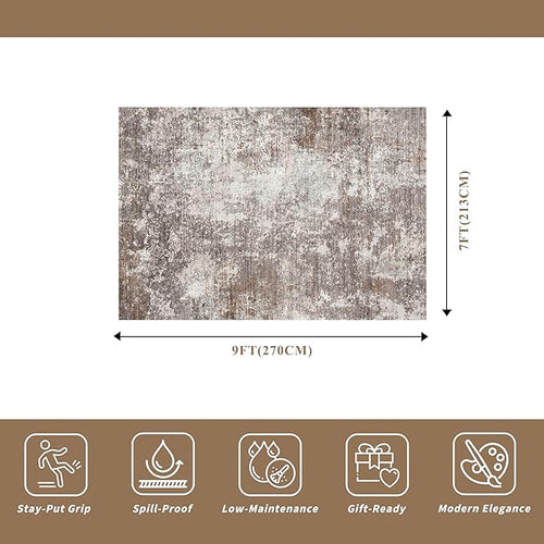 7x9 Washable Living Room Area Rug – Modern Neutral Abstract Rug for Dining Room, Kitchen, Bedroom, – Non-Slip Low Pile Soft Indoor Carpet (Brown Beige,7x9)