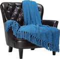 Chanasya Premium Textured Knit Throw Blanket with Tassels - Soft, Cozy Blanket for Couch, Bed, Living Room - 50" x 65” - Blue