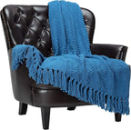 Chanasya Premium Textured Knit Throw Blanket with Tassels - Soft, Cozy Blanket for Couch, Bed, Living Room - 50" x 65” - Blue