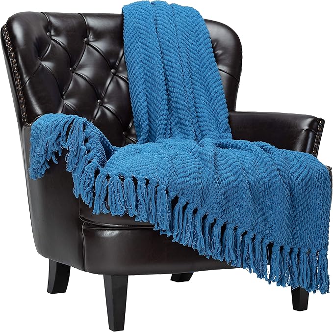 Chanasya Premium Textured Knit Throw Blanket with Tassels - Soft, Cozy Blanket for Couch, Bed, Living Room - 50" x 65” - Blue