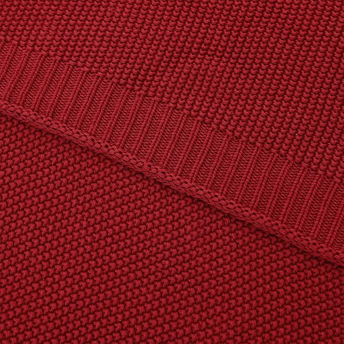 Longhui bedding Burgundy Cotton Cable Knit Throw Blanket for Couch Sofa Chair Bed Home Decorative, 3.4 Pounds 60 x 80 Inch Woven Throw Blankets with Bonus Laundering Bag