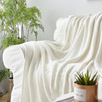 Longhui bedding 100% Cotton Ivory White Lightweight Cable Knit Throw Blanket for Couch Sofa Bed Home Décor – 50“ x 60”, Bonus Laundering Bag, Machine Washable
