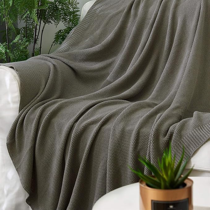 Longhui bedding Medium Grey 100% Cotton Lightweight Cable Knit Throw Blanket for Couch Sofa Bed Home Décor, Bonus Laundering Bag, Gray Color 60“ x 80” Machine Washable