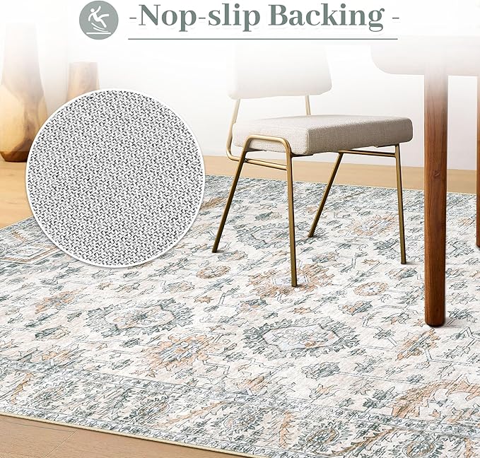 XLUEZ Area Rug 8x10 Living Room Rug, Machine Washable Vintage Distressed Boho Area Rug Non-Slip Soft Low Pile Large Indoor Rugs for Bedroom Kitchen Dining Room Office(Brown Green,8'x10')