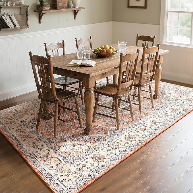 CRYPTOLITE 9x11 Area Rug for Living Room, Modern Washable Rug Non Slip Low Pile Large Area Rugs for Living Room, Bedroom, Farmhouse, Dining Room,Orange