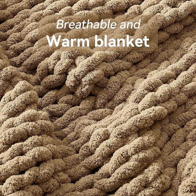 Negwoo Chunky Knit Throw Blanket, 80''*90'' Knitted Throw Chenille Yarn for Bed Couch, Handmade Light Brown Crochet Big Thick Blanket, Machine Washable Cute Comfy Blanket for Home Decor