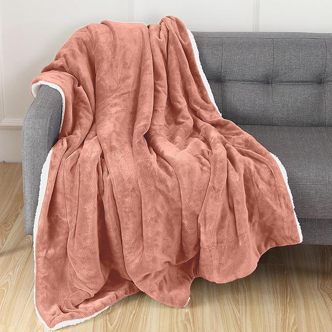 Elegant Comfort Throw Blanket, Reversible Sherpa Flannel, Ultra-Soft, Fuzzy, Cozy and Plush- All Season Lightweight Decorative Throw, 50 x 60 inches, Solid Sherpa Throw, Coral