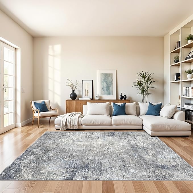 7x7 Square Rug Machine Washable – Modern Neutral Abstract Non-Slip Area Rug for Dining Room Living Room Kitchen Bedroom – Low-Pile Accent Indoor Carpet (Blue Grey, 7x7)