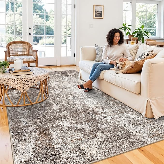 7x9 Washable Living Room Area Rug – Modern Neutral Abstract Rug for Dining Room, Kitchen, Bedroom, – Non-Slip Low Pile Soft Indoor Carpet (Brown Beige,7x9)
