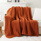 Battilo Orange Chunky Knit Throw Blanket for Couch, Fall Throw Blanket, Rust Throw Fall Decorations, Thick Warm Cozy Soft Chenille Throw Blanket for Sofa, Bed, Living Room, 50"x60"
