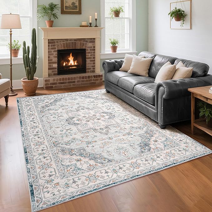 CRYPTOLITE Living Room Rug 7x10, Machine Washable Area Rug Non Slip Low Pile Vintage Rug for Living Room, Bedroom, Farmhouse, Dining Room, Kids Playroom, Blue