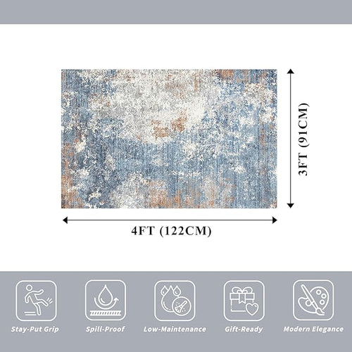 3x4 Washable Entryway Rug – Non-Slip Modern Abstract Small Area Rug for Kitchen, Bedroom, Bathroom – Soft Low-Pile Thin Indoor Door Mat（Blue Rust，3x4）
