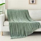 Chenille Throw Blanket for Couch with Tassels,60"X80" Soft Cozy Lightweight Knitted Boho Decorative Blankets for Bed and Sofa,Light Green